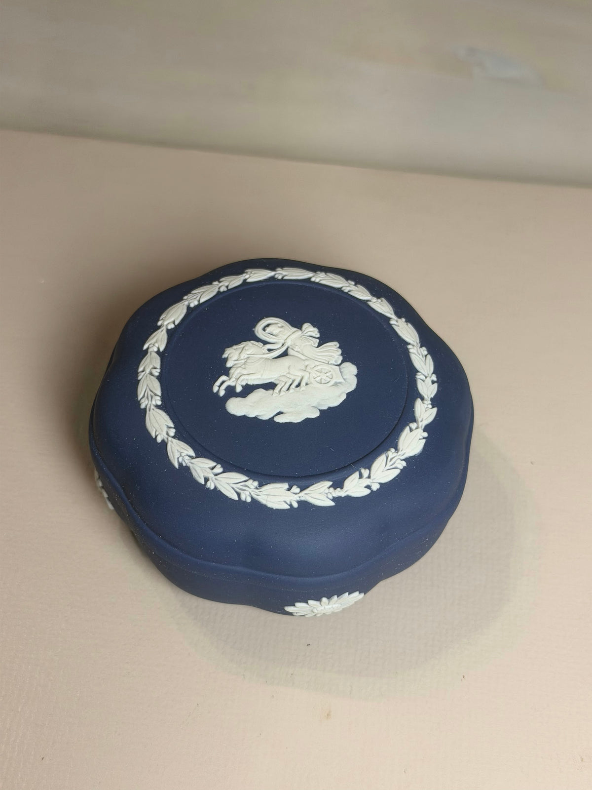 Wedgwood Portland Blue Jasperware Round Chariot Trinket Box