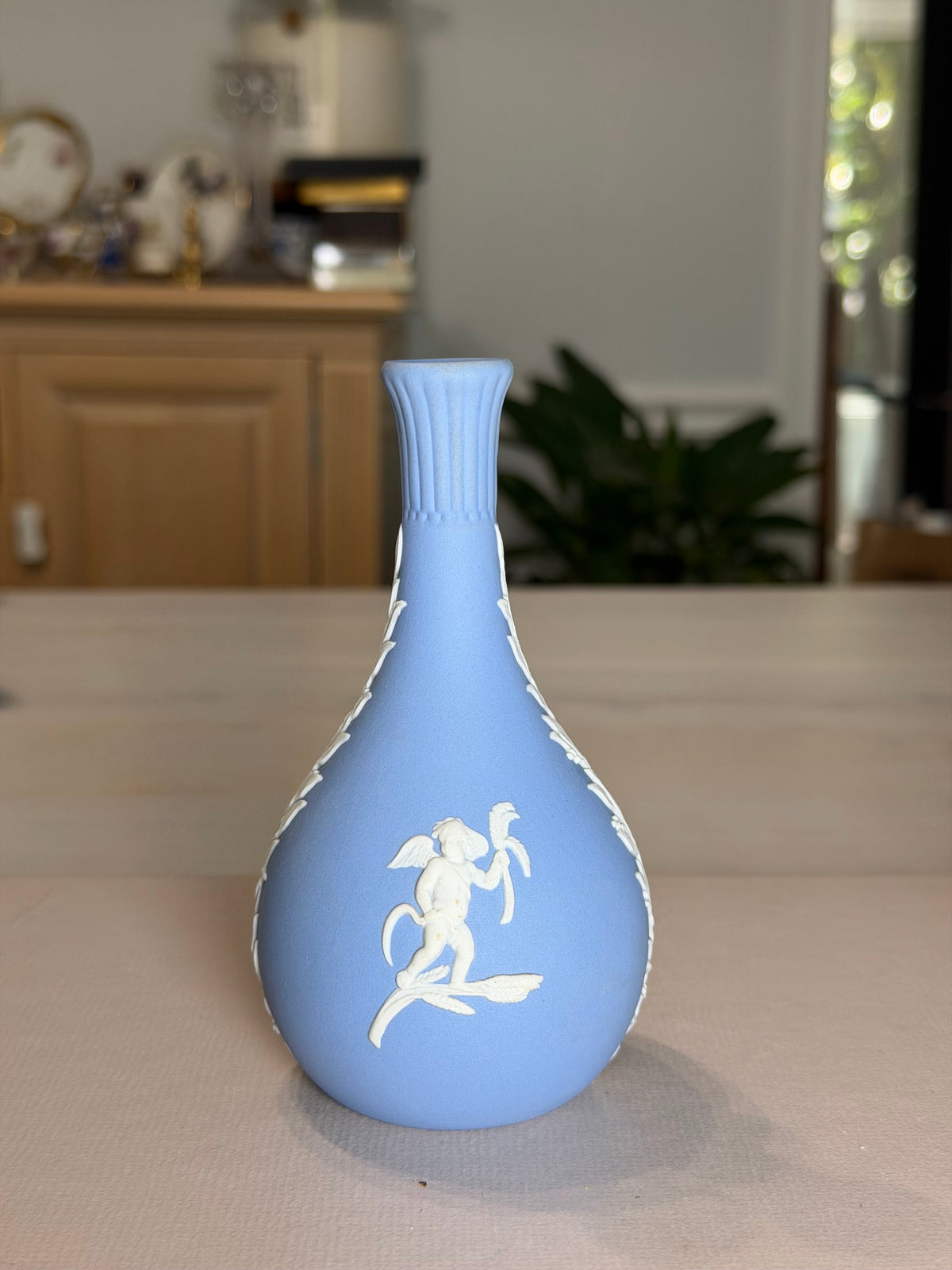 Wedgwood Blue Jasperware Long-Neck Cupid Bud Vase