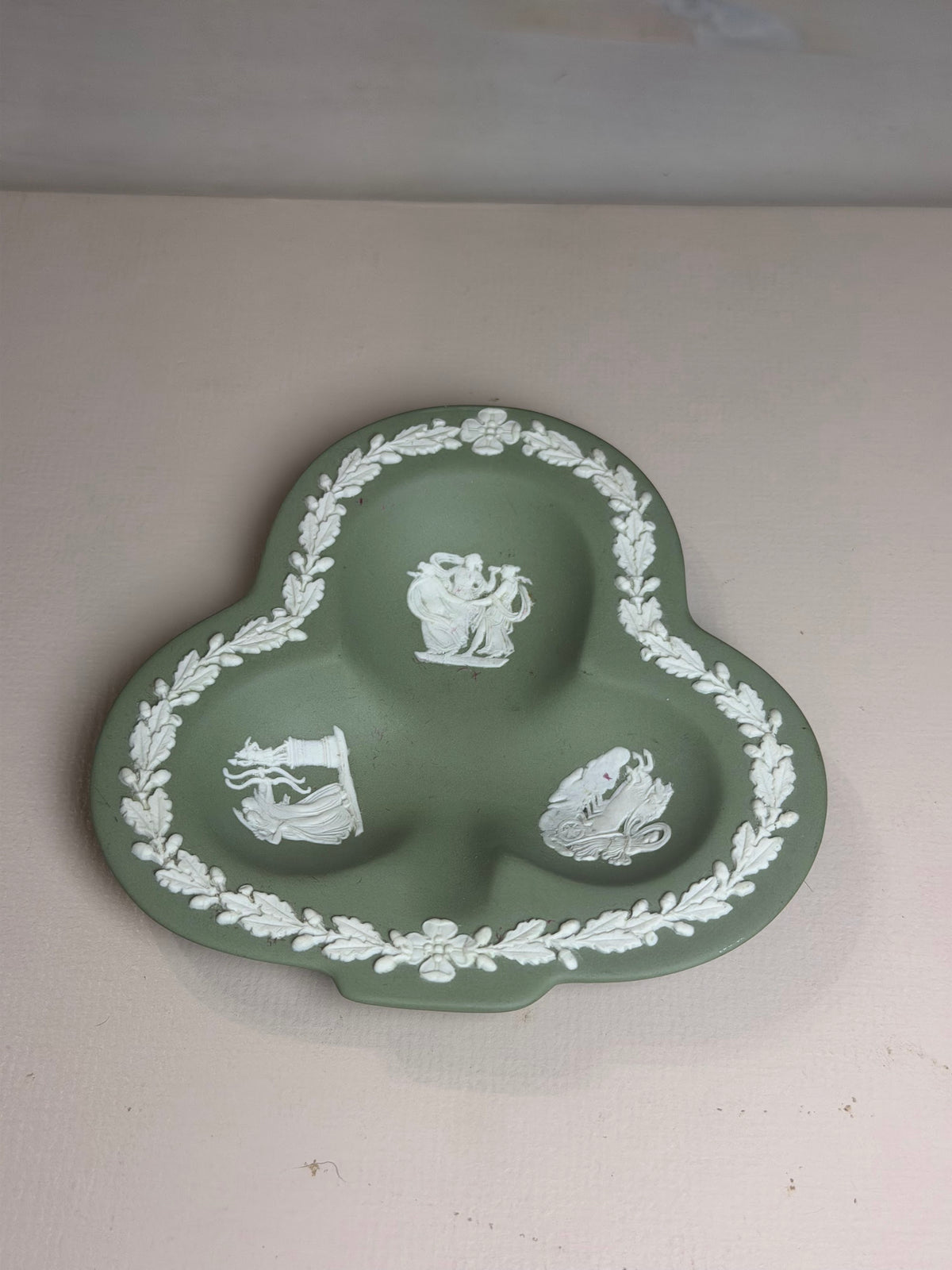 Wedgwood Sage Green Jasperware Clover Three-Scene Dish