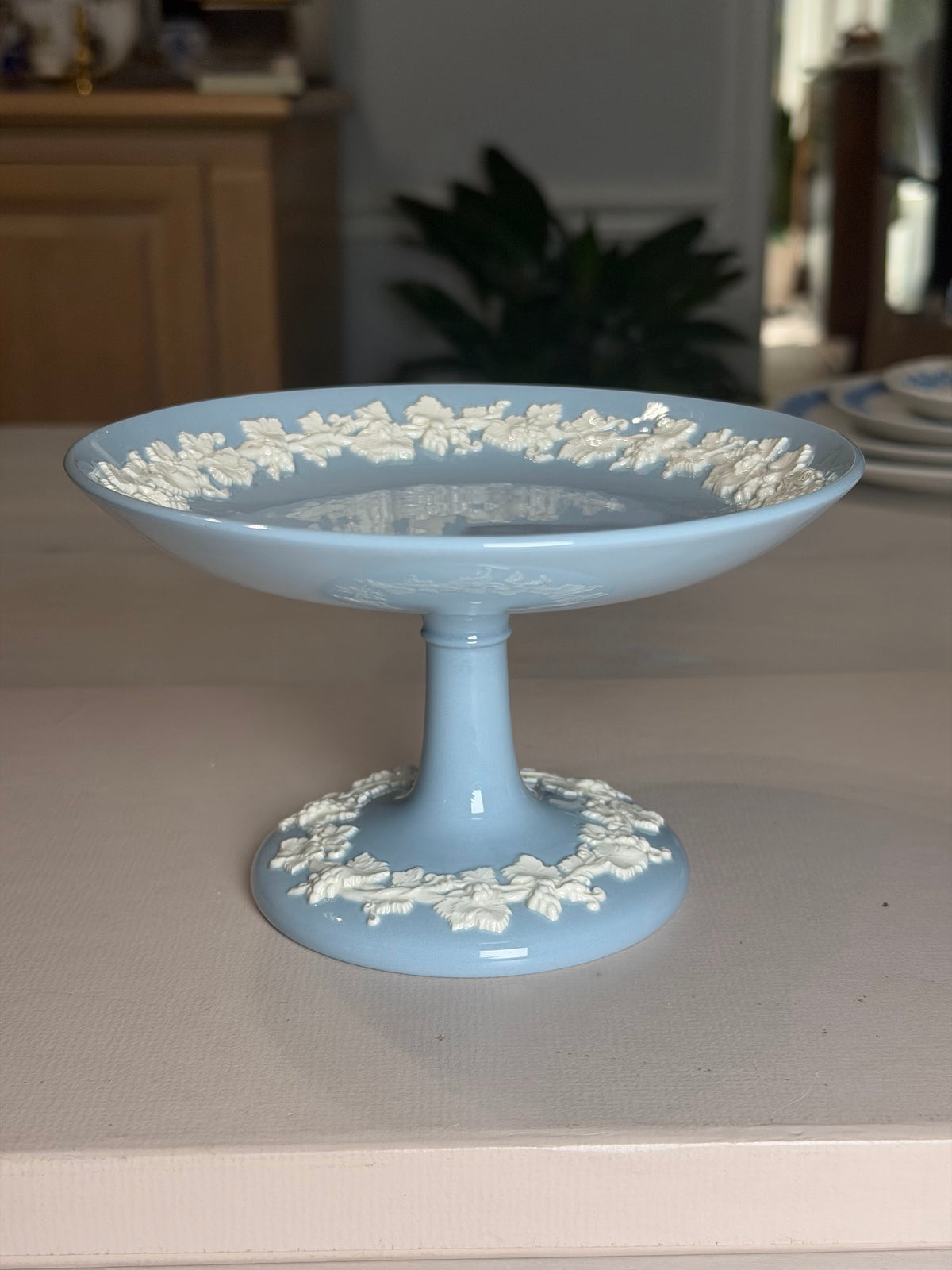 Wedgwood Pale Blue & Cream Grapevine Pedestal Compote