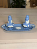 Wedgwood Blue Jasperware Salt & Pepper Shakers with Tray