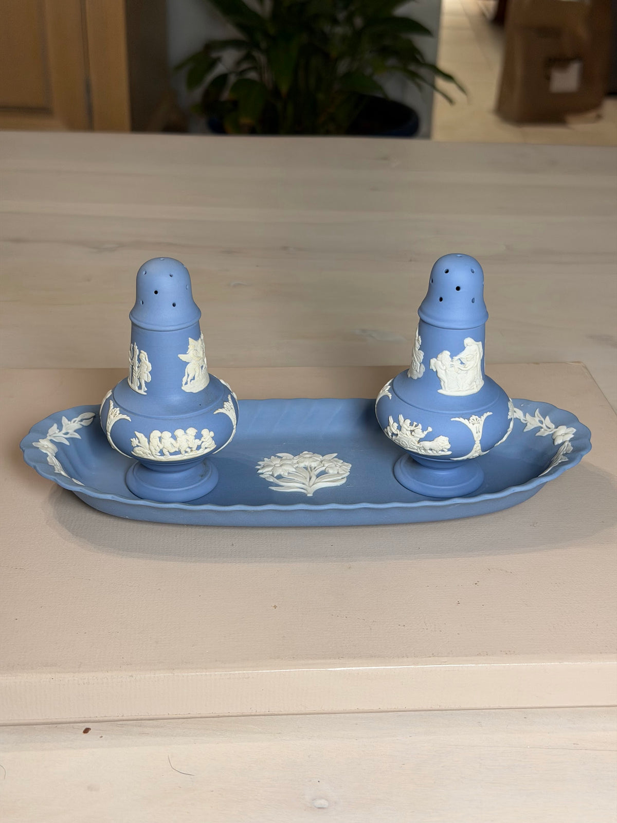 Wedgwood Blue Jasperware Salt & Pepper Shakers with Tray