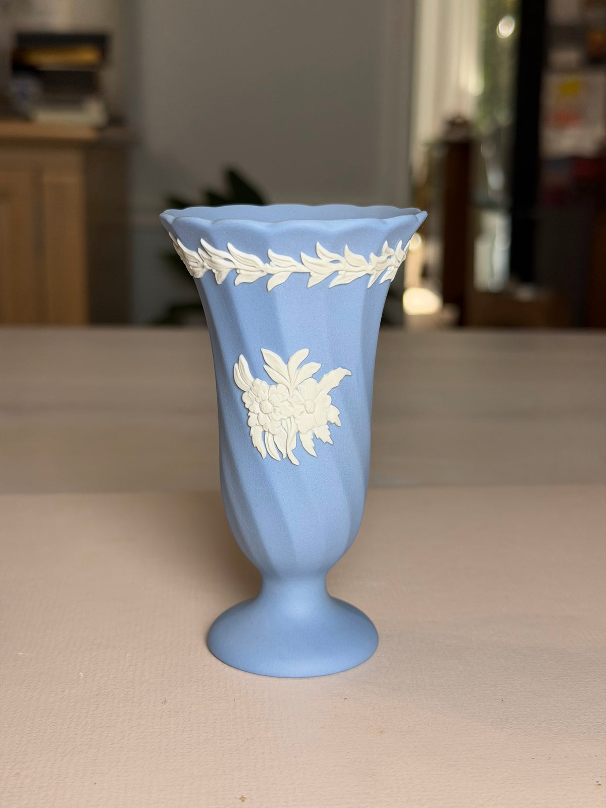 Wedgwood Blue & Cream Jasperware Fluted Floral Trumpet Vase
