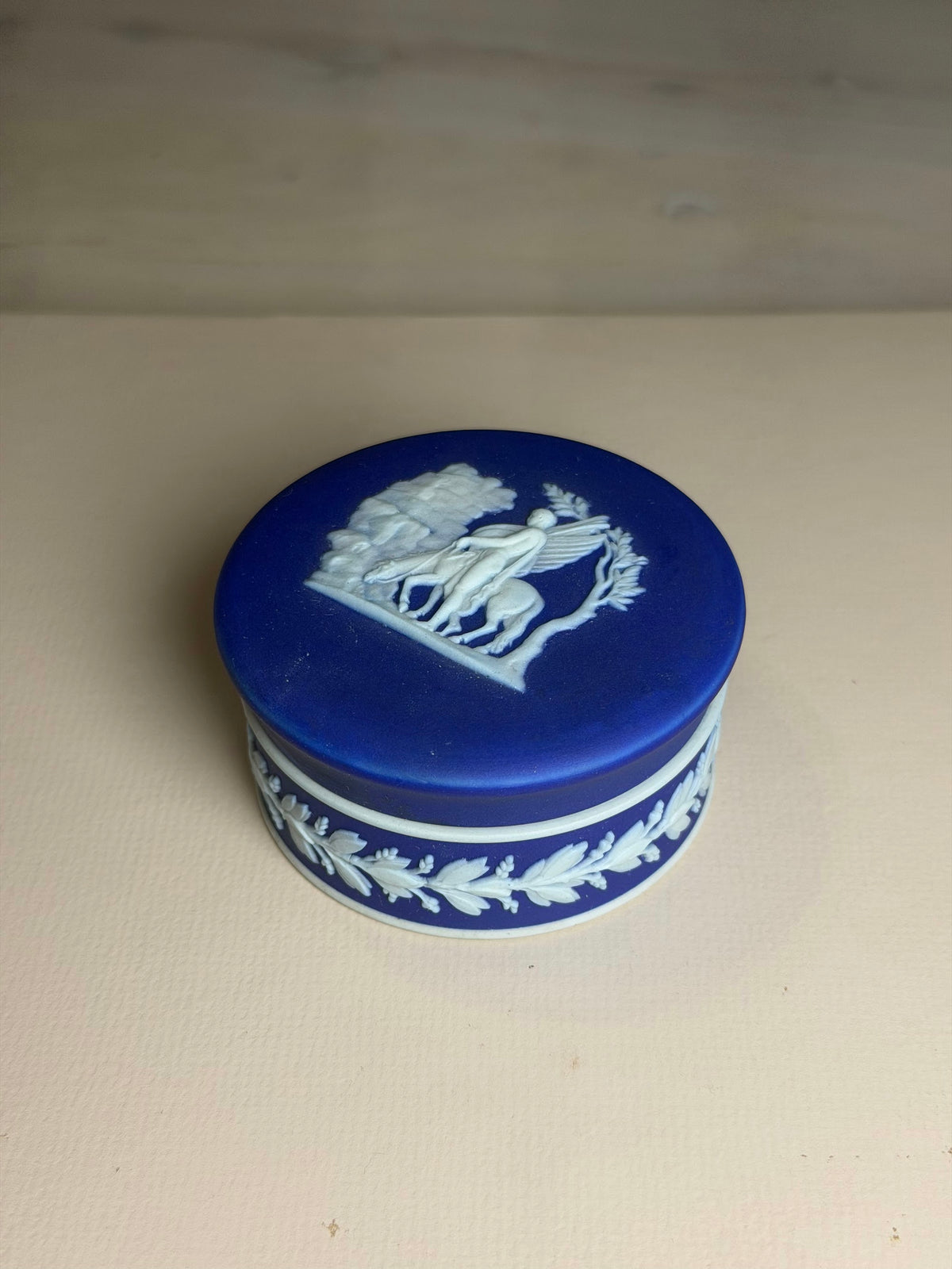 Wedgwood Cobalt Blue Jasperware Bellerophon watering the Pegasus at the fountain of Peirene Trinket Box