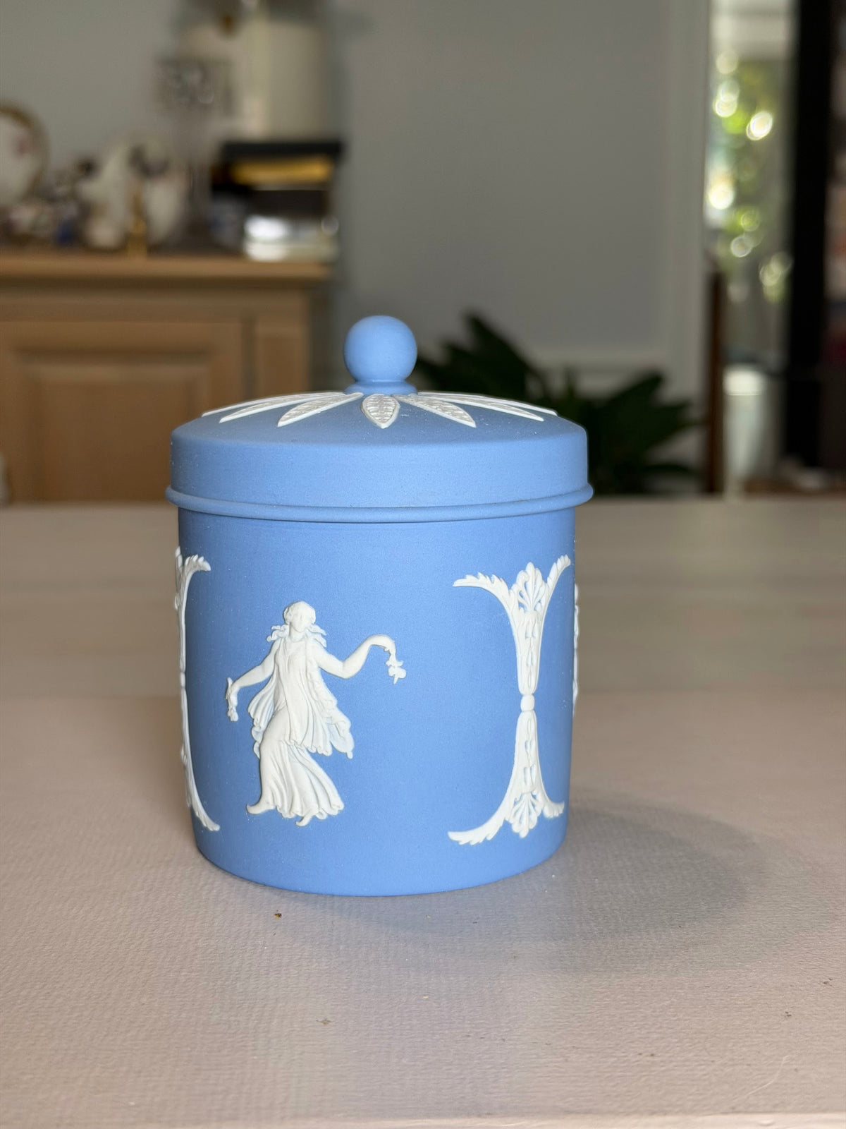 Wedgwood Blue Jasperware Classical Covered Cylinder Jar