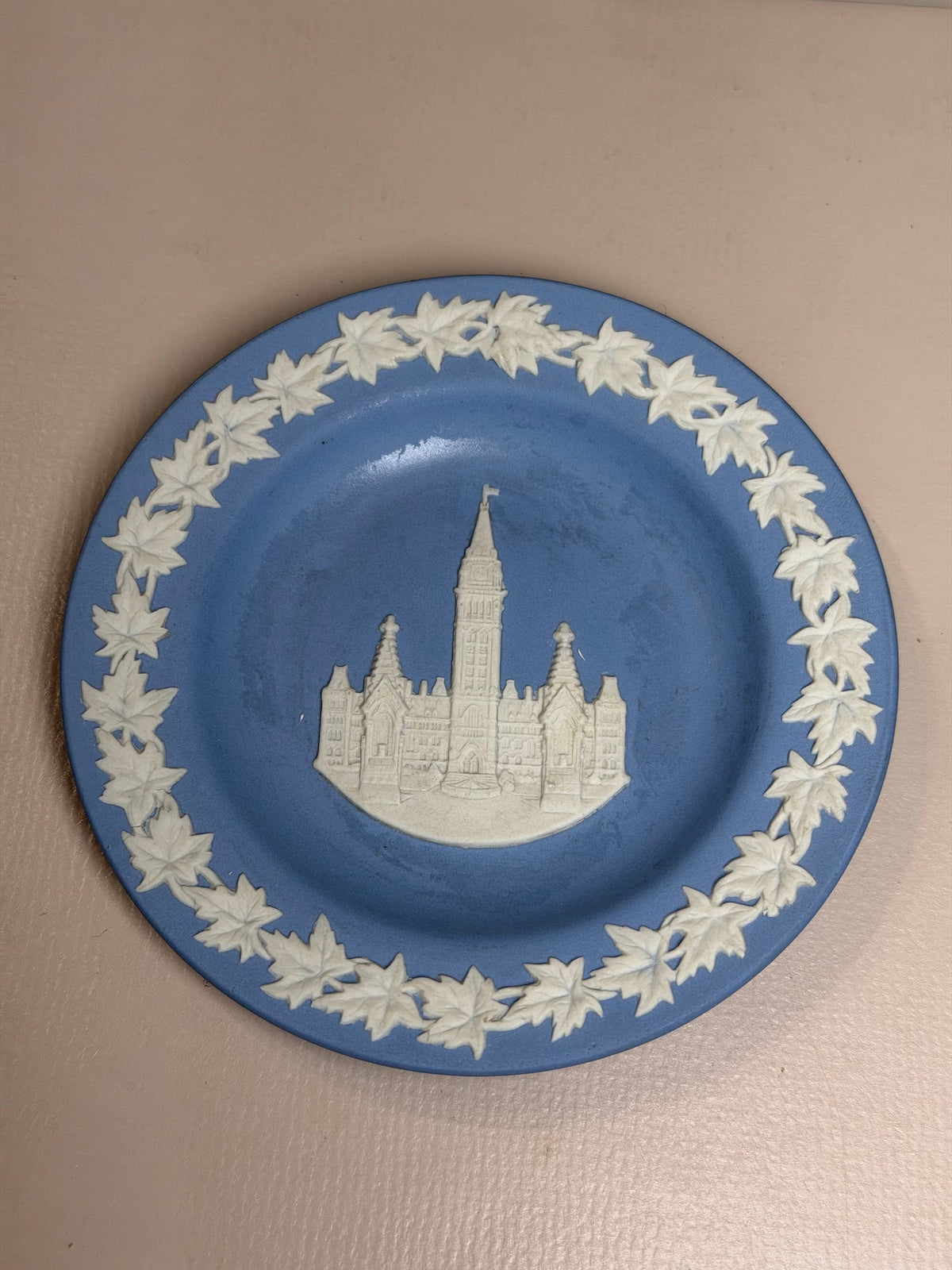 Wedgwood Blue Jasperware Canadian Parliament Buildings Maple Leaf Dish