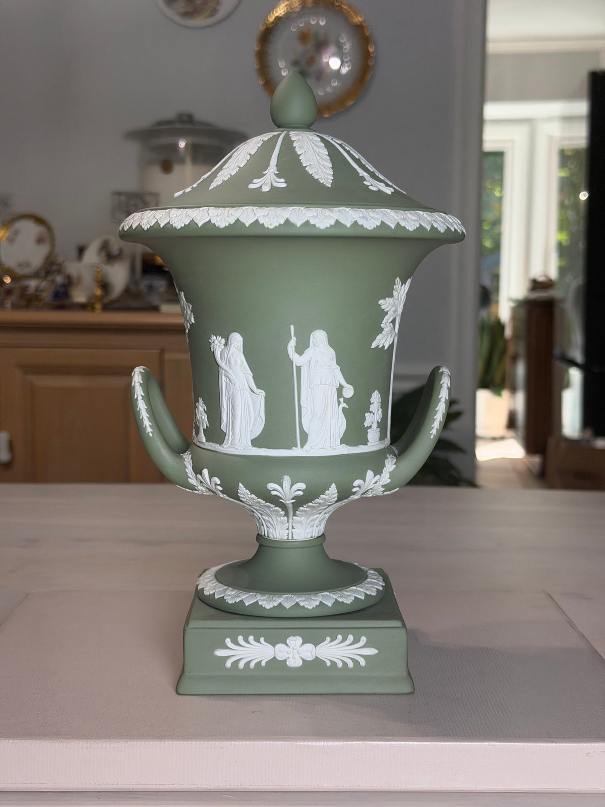 Wedgwood Sage Green Jasperware Covered Campana Urn