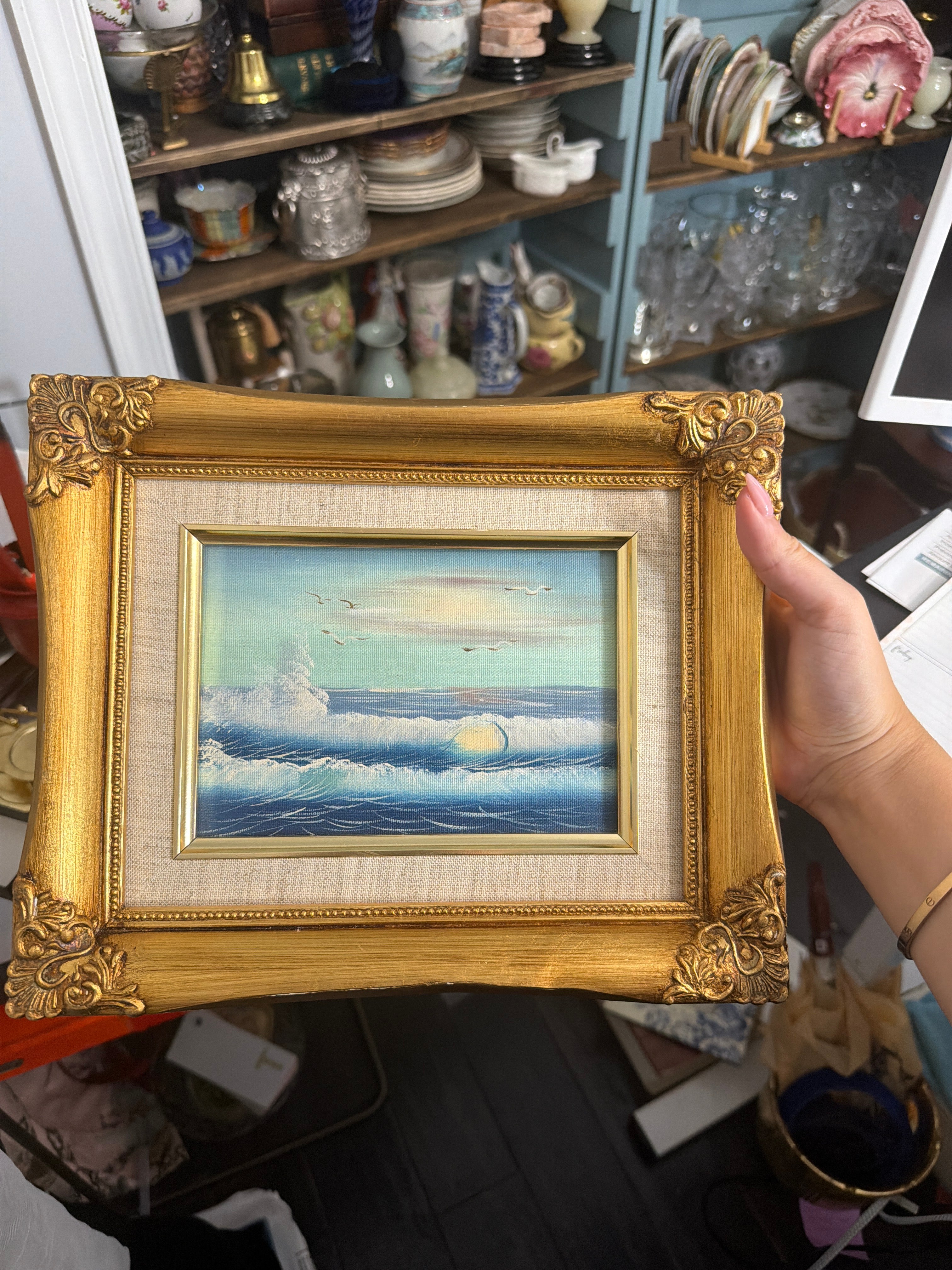 Beach painting with gold frame/quails