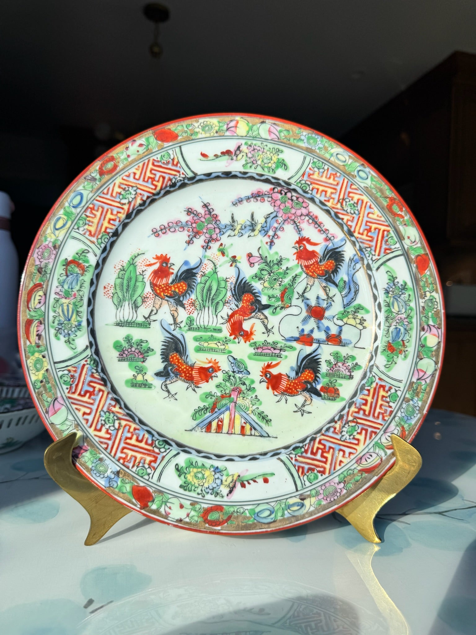 Vintage Asian-Inspired Porcelain Decorative Plate — Floral & Rooster Design