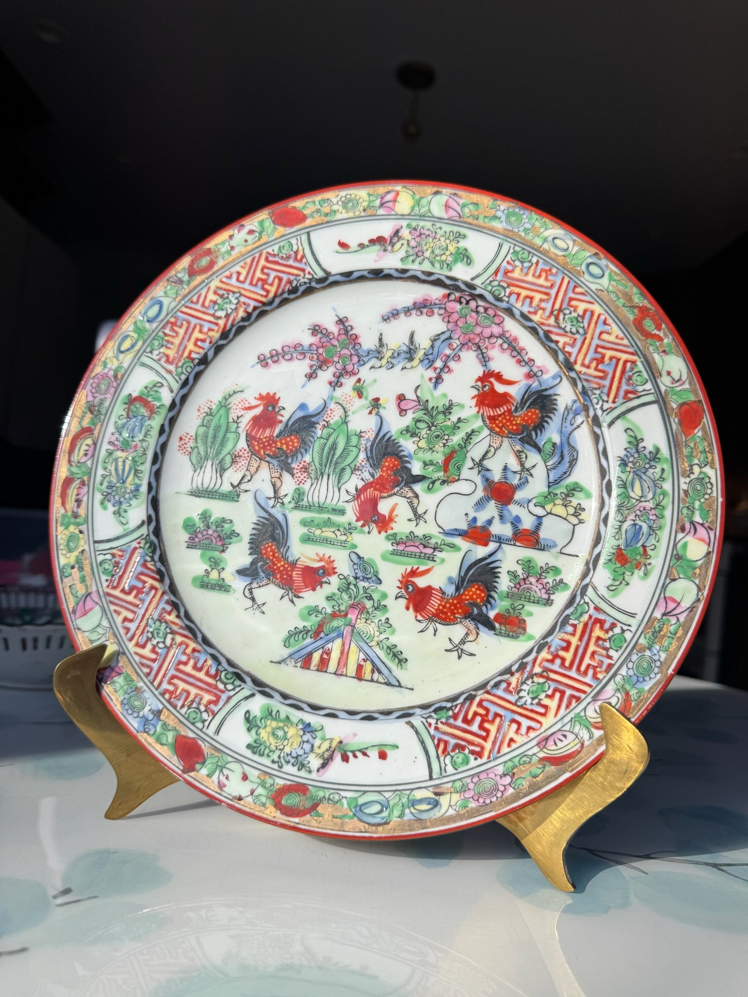Vintage Asian-Inspired Porcelain Decorative Plate — Floral & Rooster Design