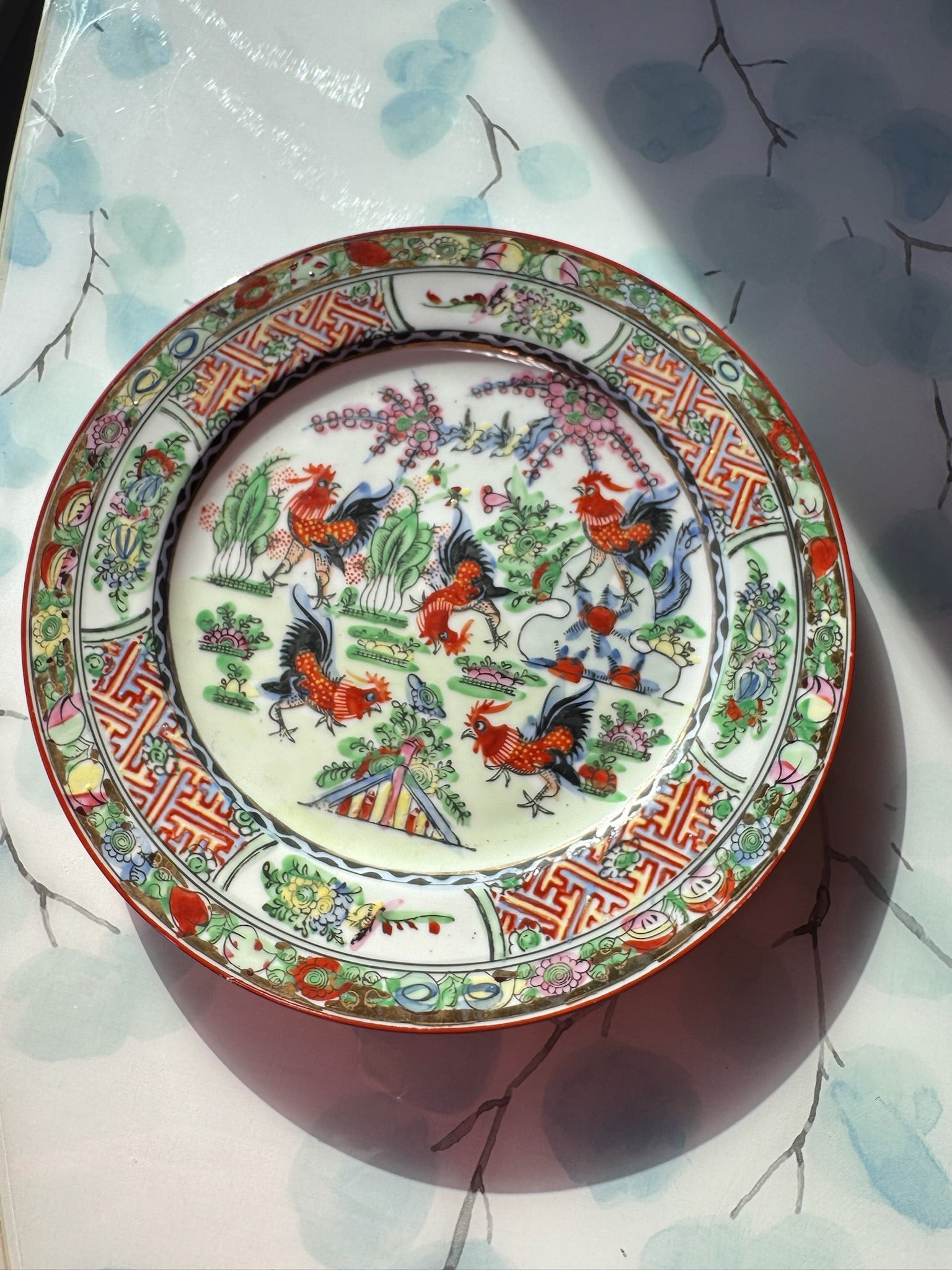 Vintage Asian-Inspired Porcelain Decorative Plate — Floral & Rooster Design