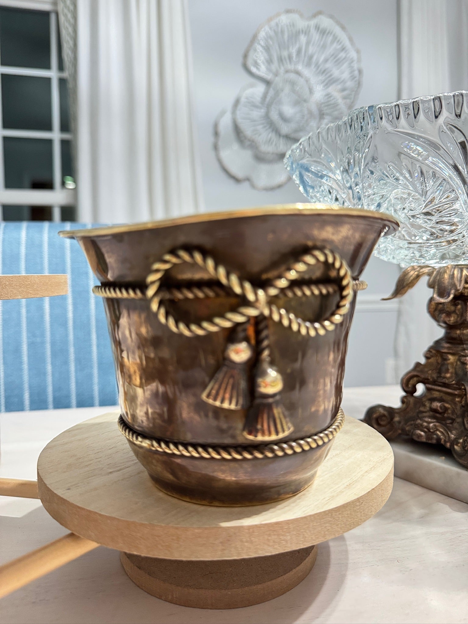 Vintage Patina Metal Decorative Vase with Rope & Tassel Detail
