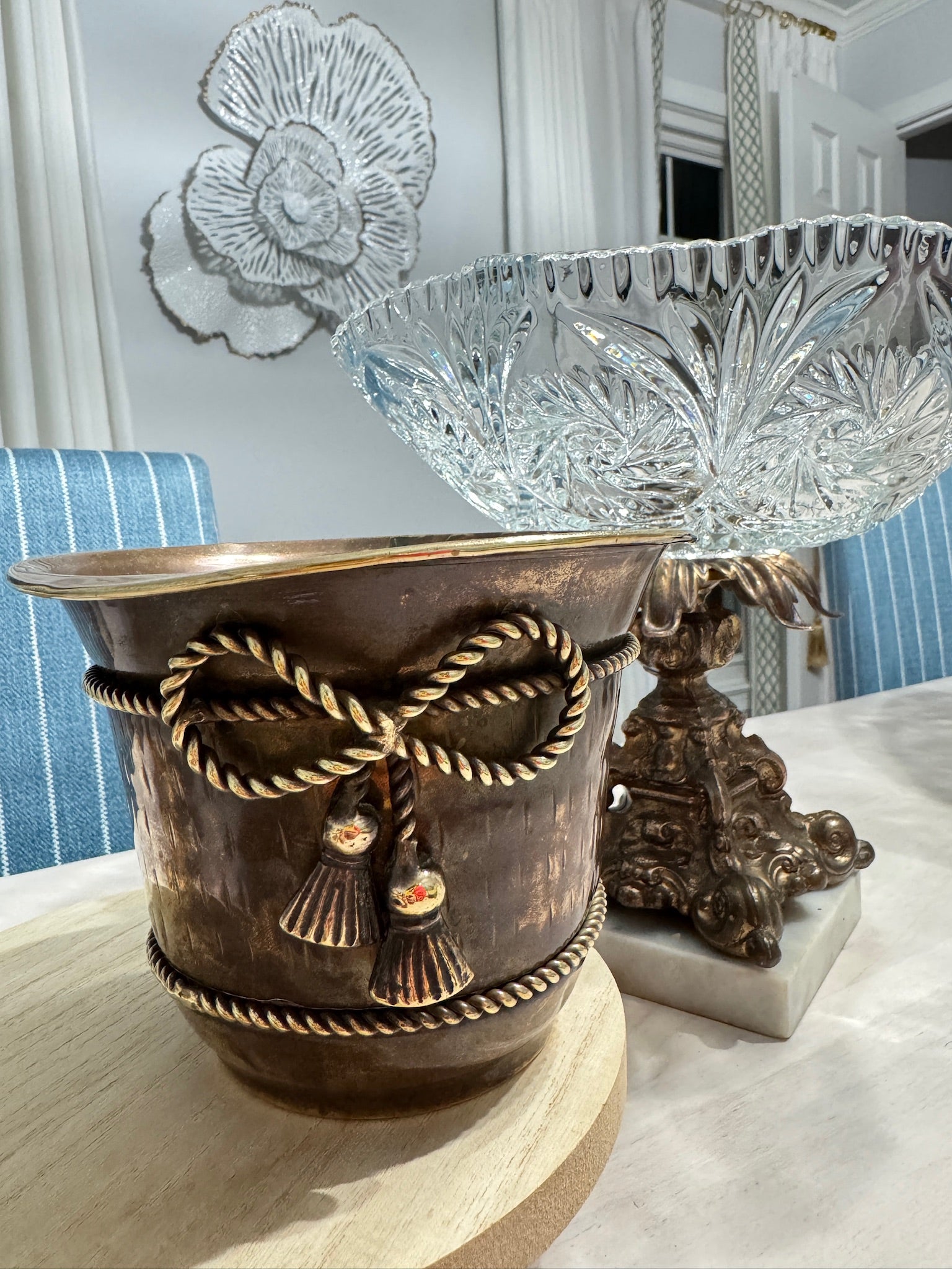 Vintage Patina Metal Decorative Vase with Rope & Tassel Detail