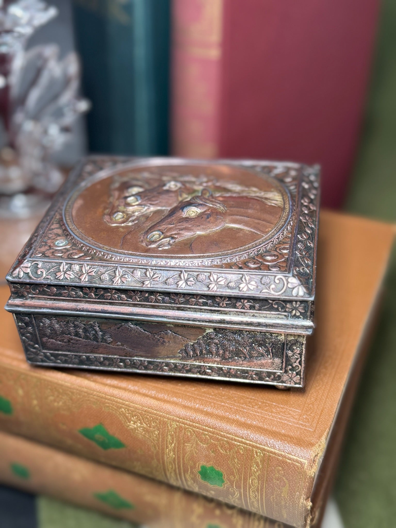 Antique Embossed Metal Keepsake Box with Horse Motif & Scenic Detailing
