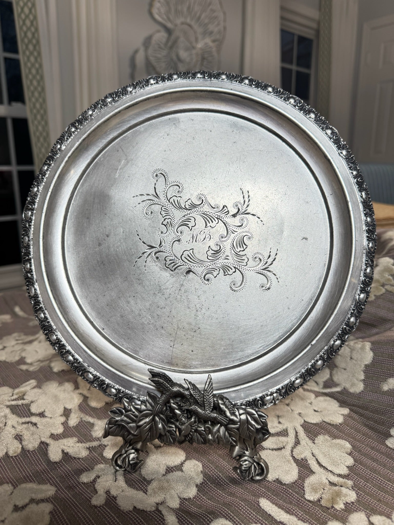 Vintage Silver-Tone Engraved Monogram Decorative Serving Tray