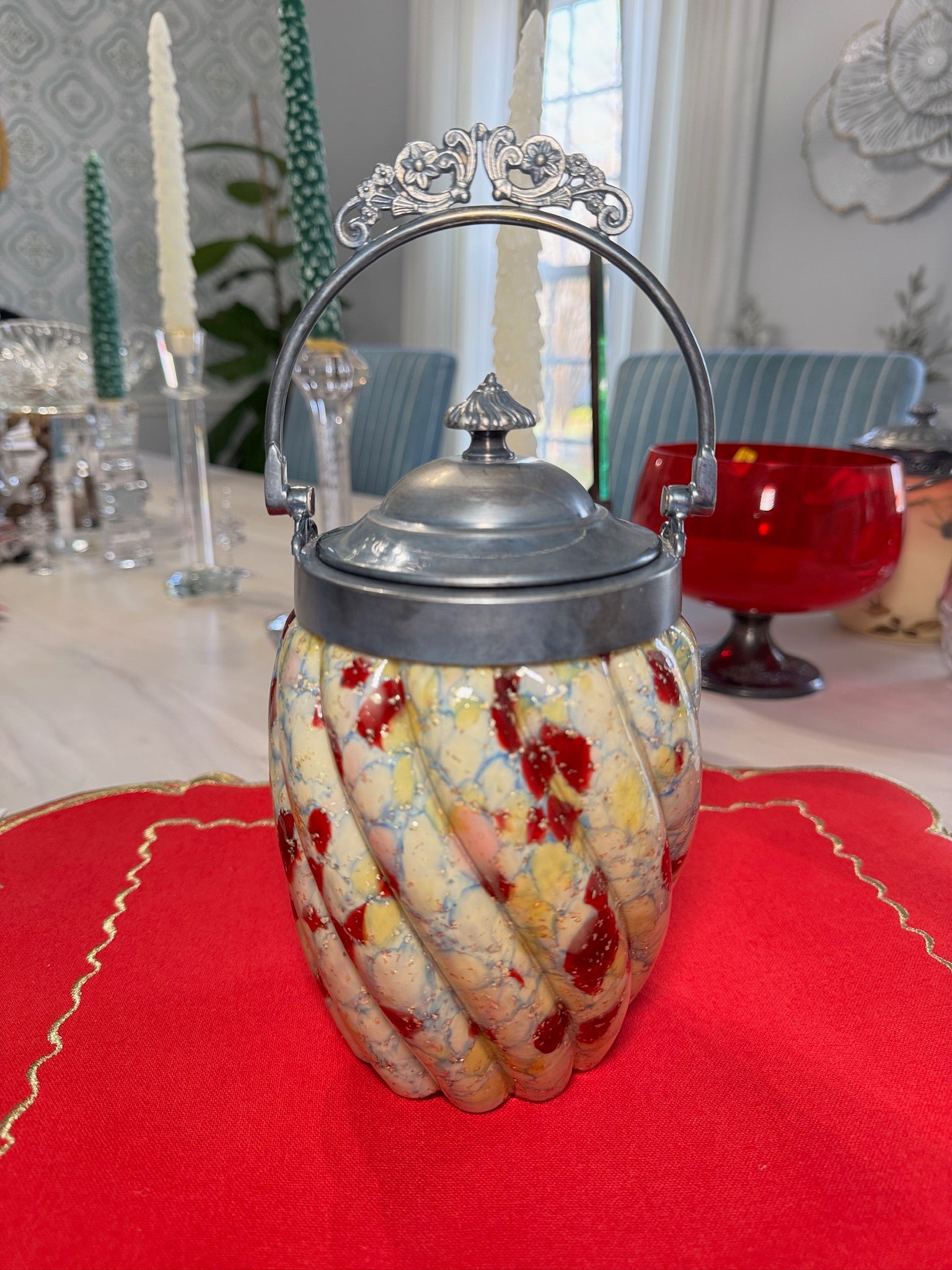 Vintage Ornate Biscuit Jar with Swirled Art Glass & Silver-Tone Lid