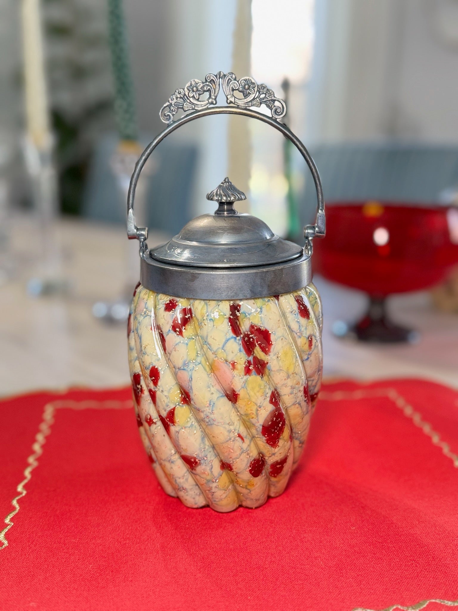 Vintage Ornate Biscuit Jar with Swirled Art Glass & Silver-Tone Lid