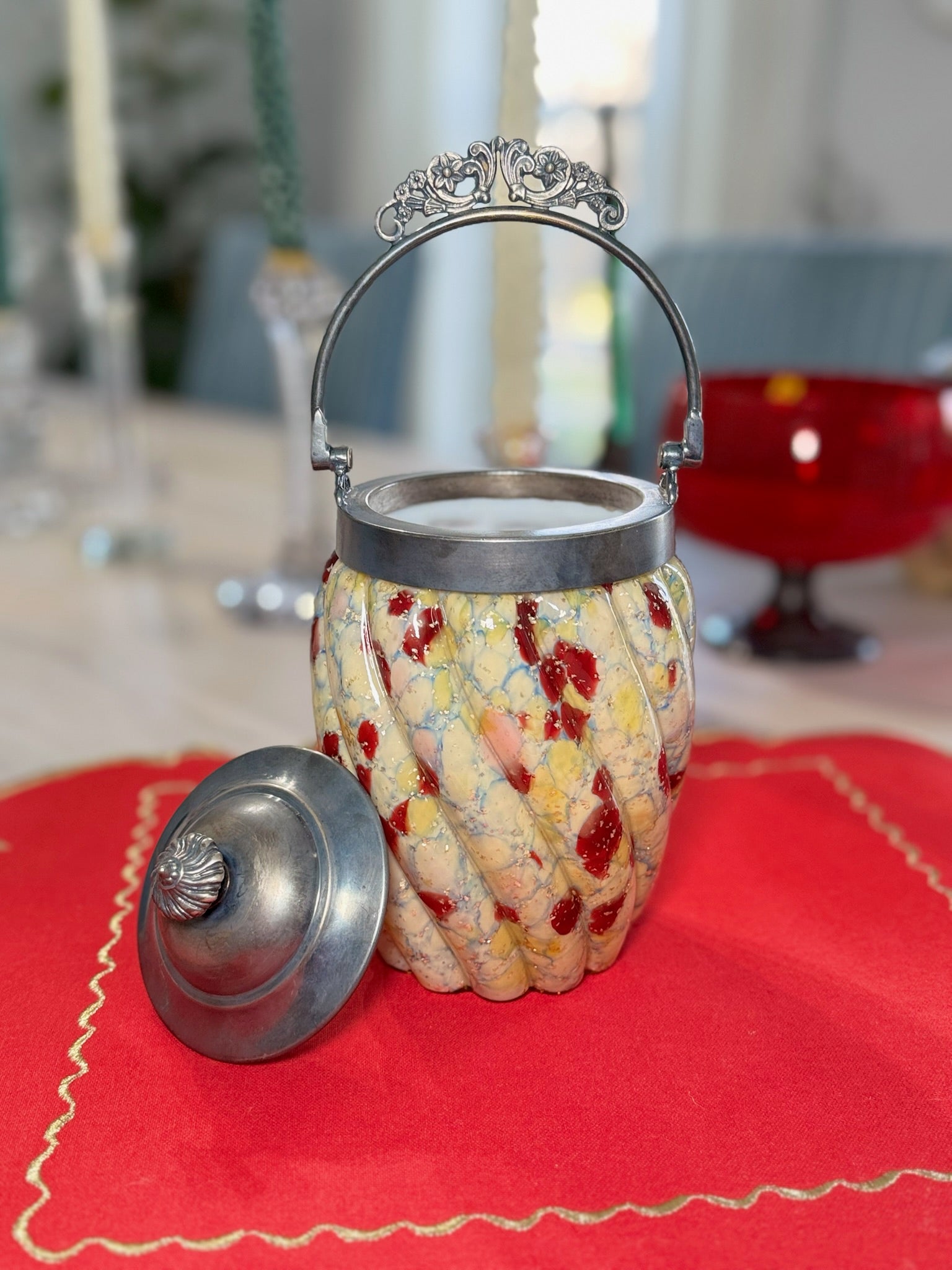 Vintage Ornate Biscuit Jar with Swirled Art Glass & Silver-Tone Lid