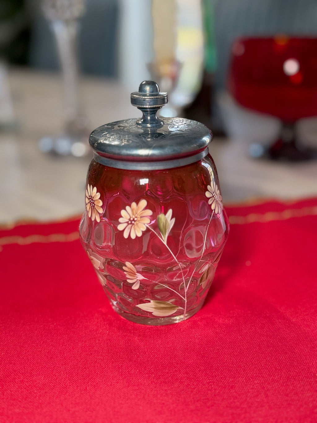 Vintage Glass Vanity Jar with Hand-Painted Floral Design & Engraved Metal Lid
