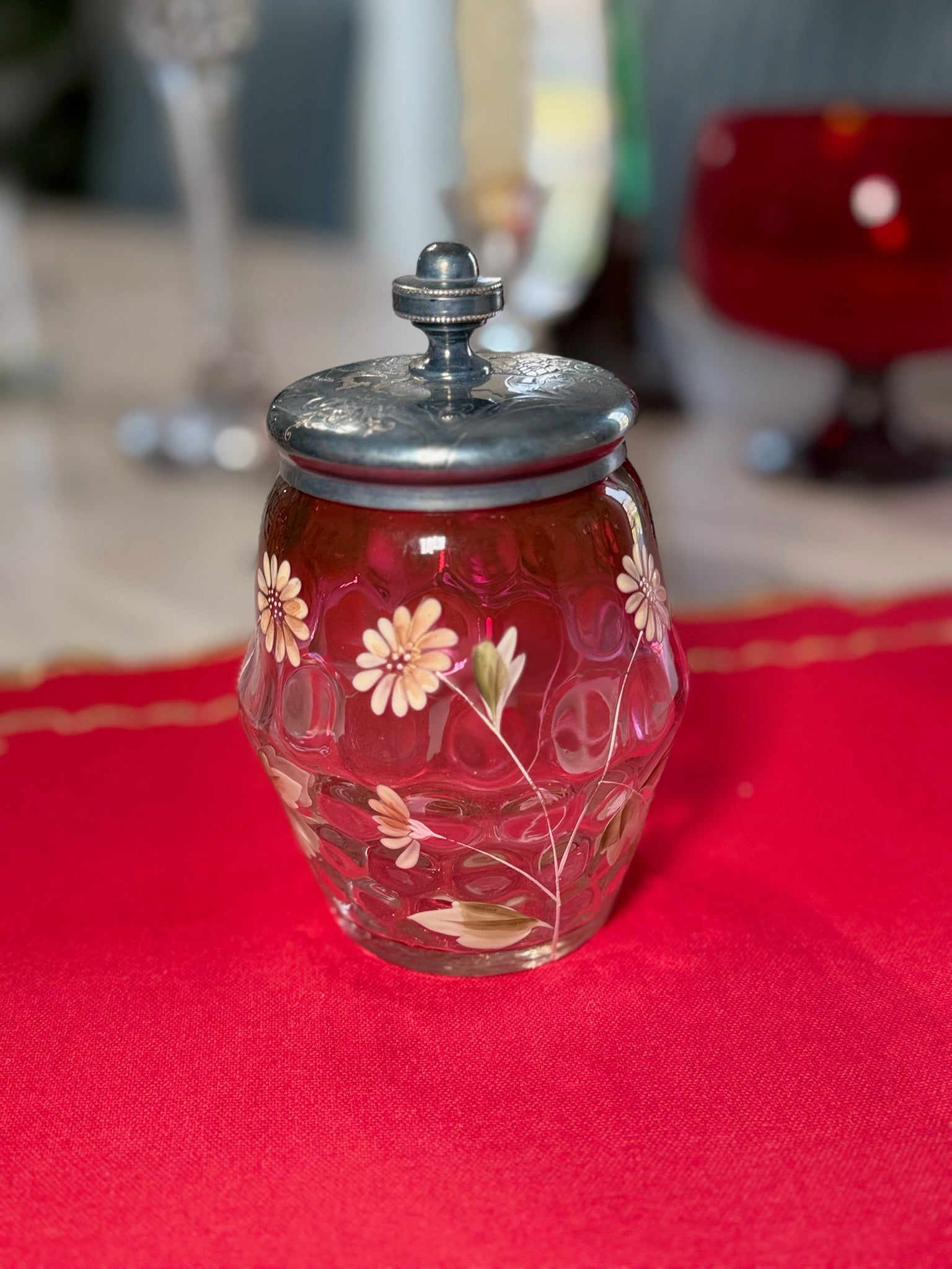 Vintage Glass Vanity Jar with Hand-Painted Floral Design & Engraved Metal Lid