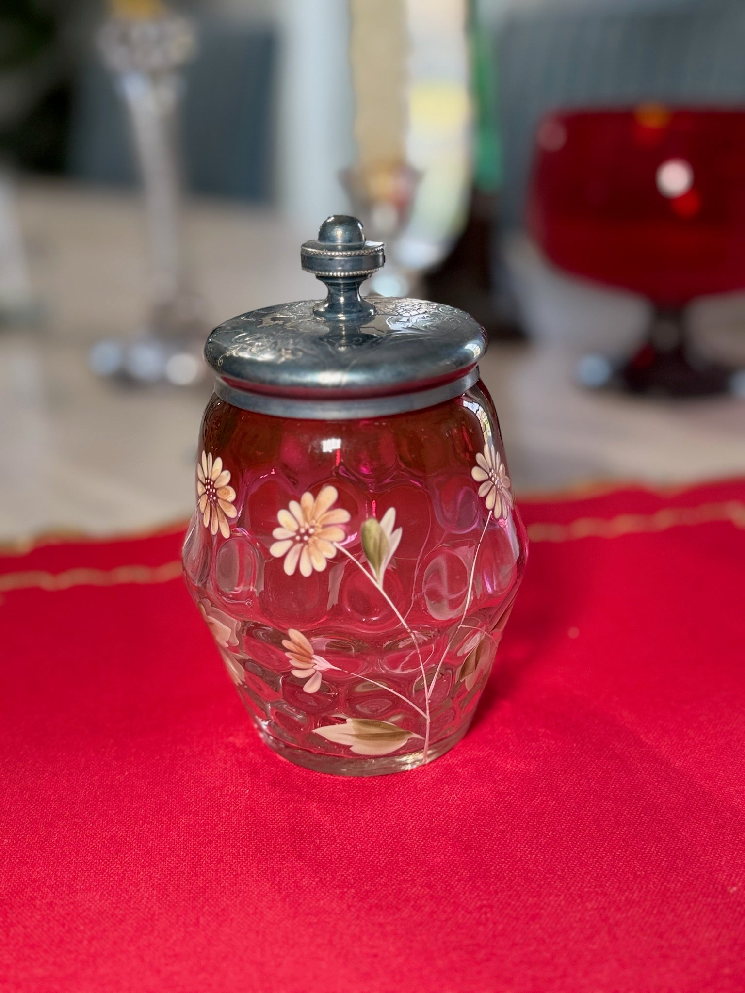 Vintage Glass Vanity Jar with Hand-Painted Floral Design & Engraved Metal Lid