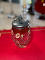 Vintage Glass Vanity Jar with Hand-Painted Floral Design & Engraved Metal Lid