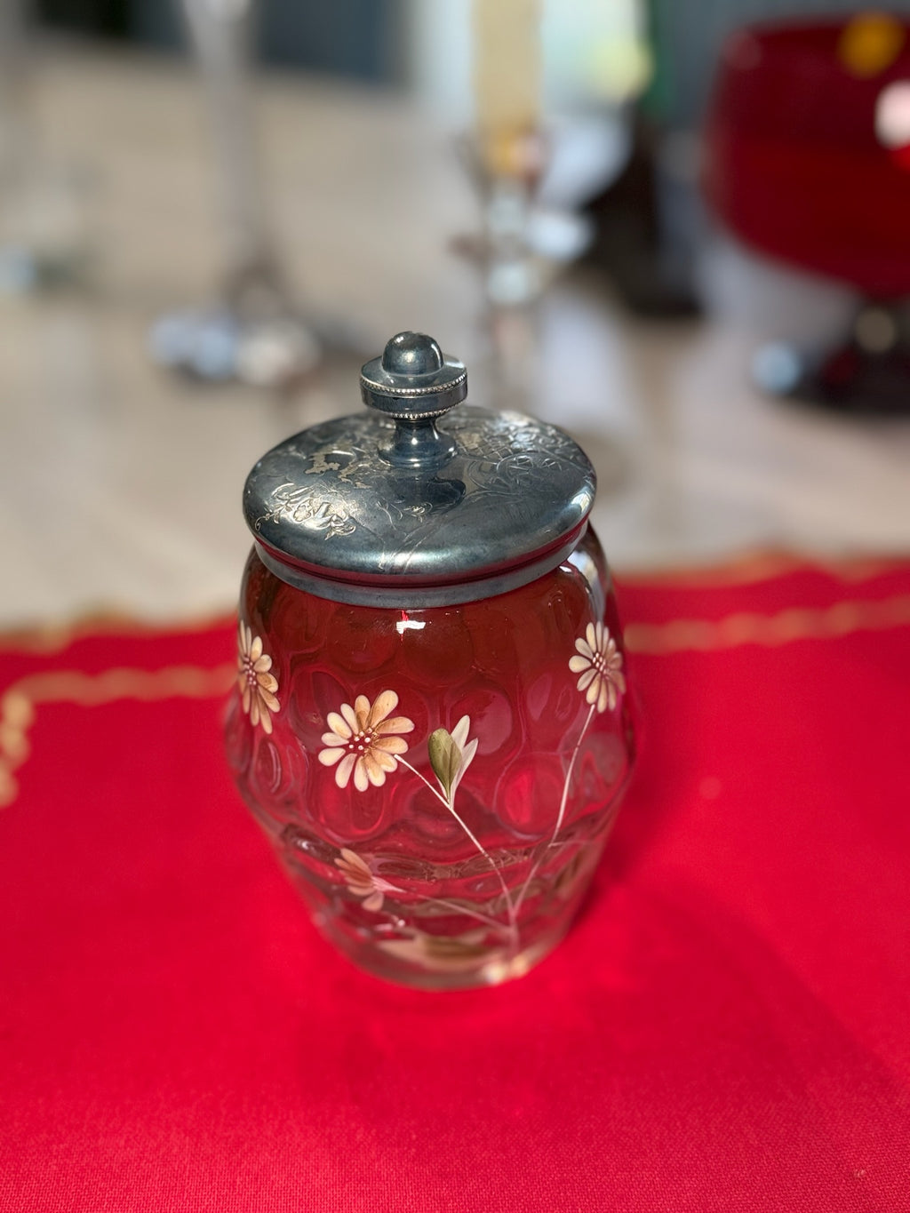 Vintage Glass Vanity Jar with Hand-Painted Floral Design & Engraved Metal Lid
