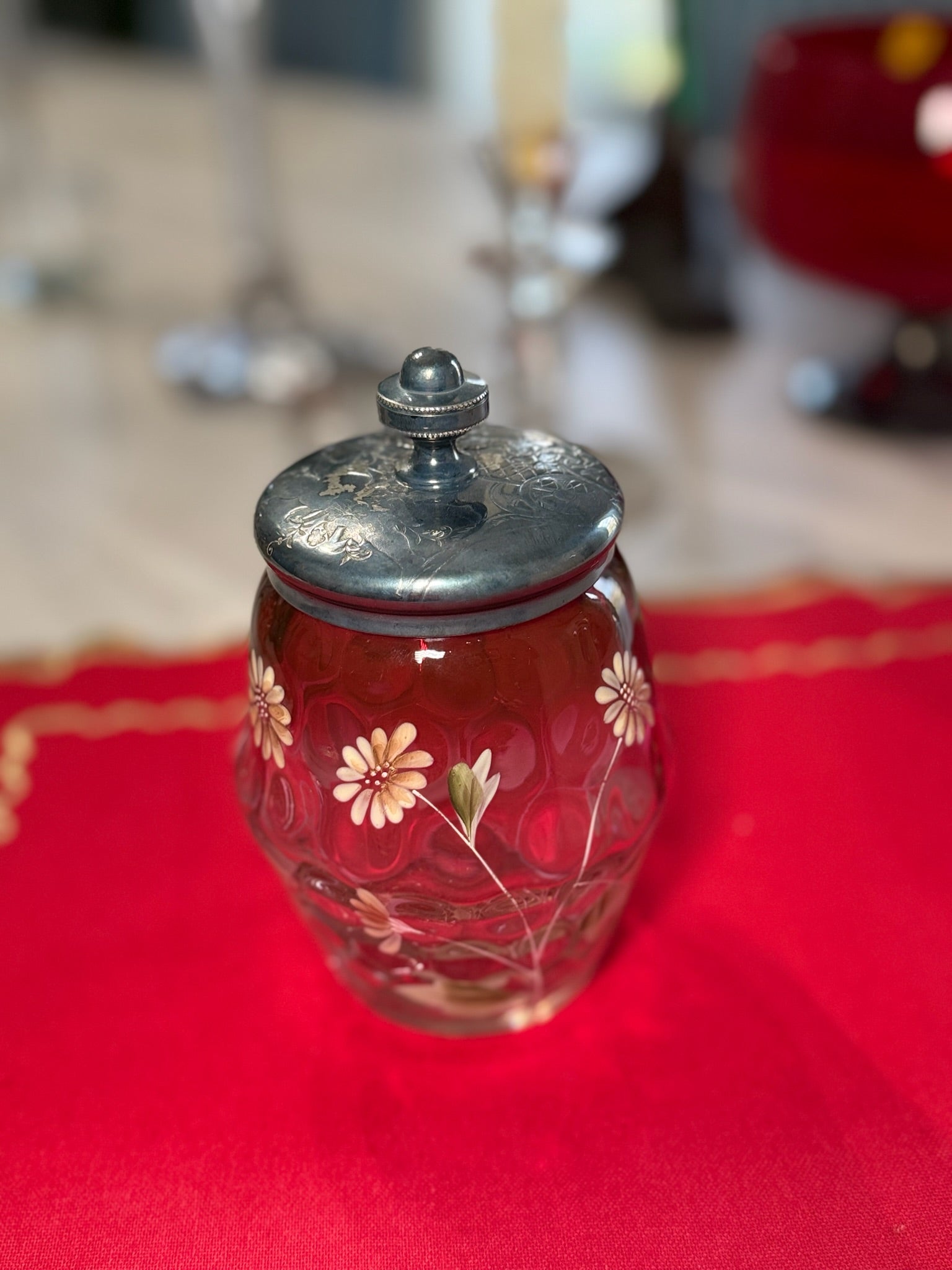 Vintage Glass Vanity Jar with Hand-Painted Floral Design & Engraved Metal Lid