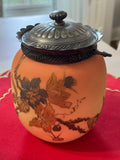 Antique-Style Decorative Biscuit Barrel — Floral Satin Glass & Metal Lid