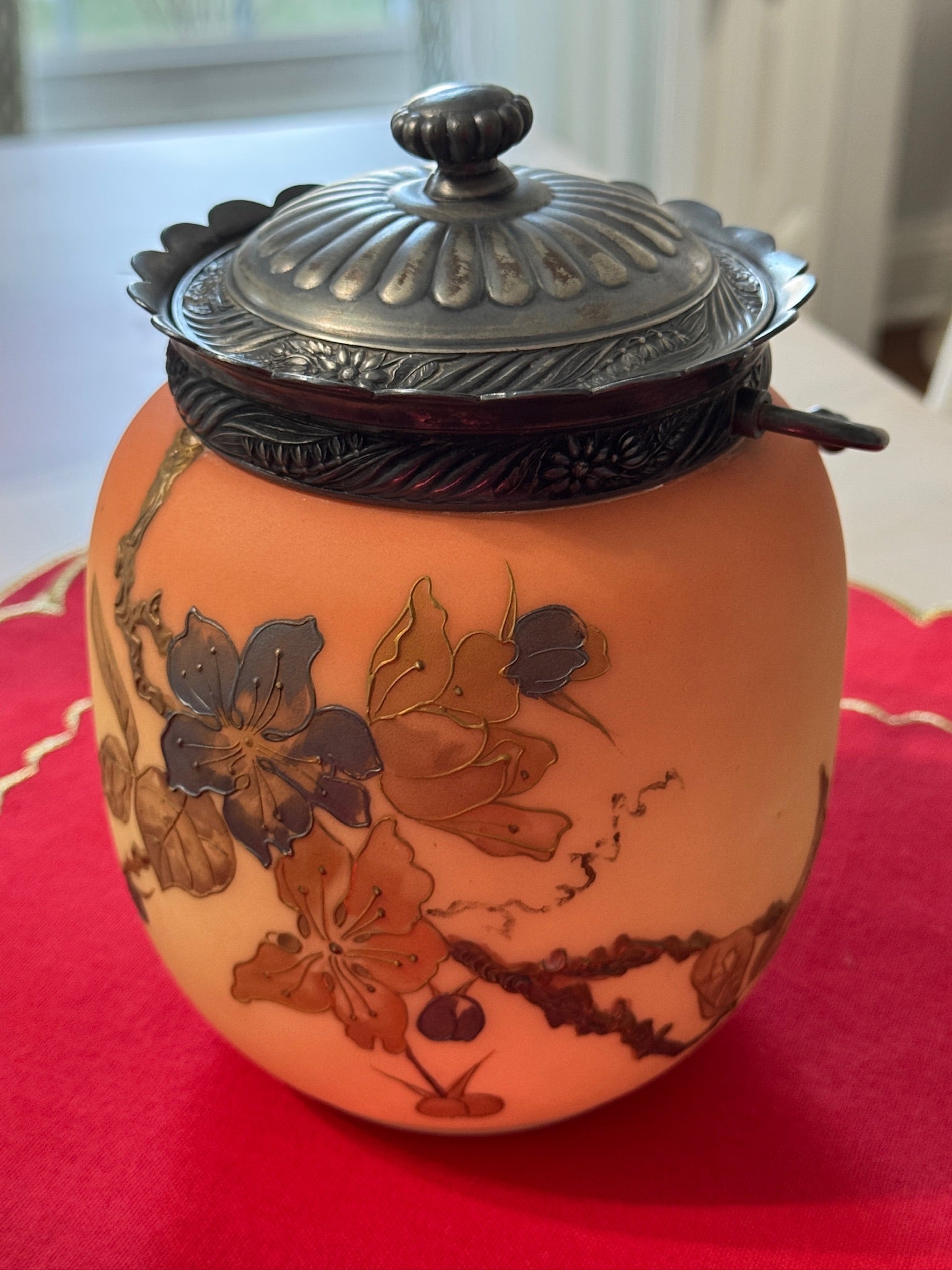 Antique-Style Decorative Biscuit Barrel — Floral Satin Glass & Metal Lid