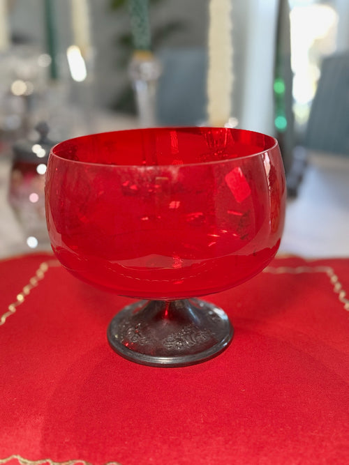 Vintage Ruby Red Glass Compote Dish with Ornate Silver-Tone Pedestal Base