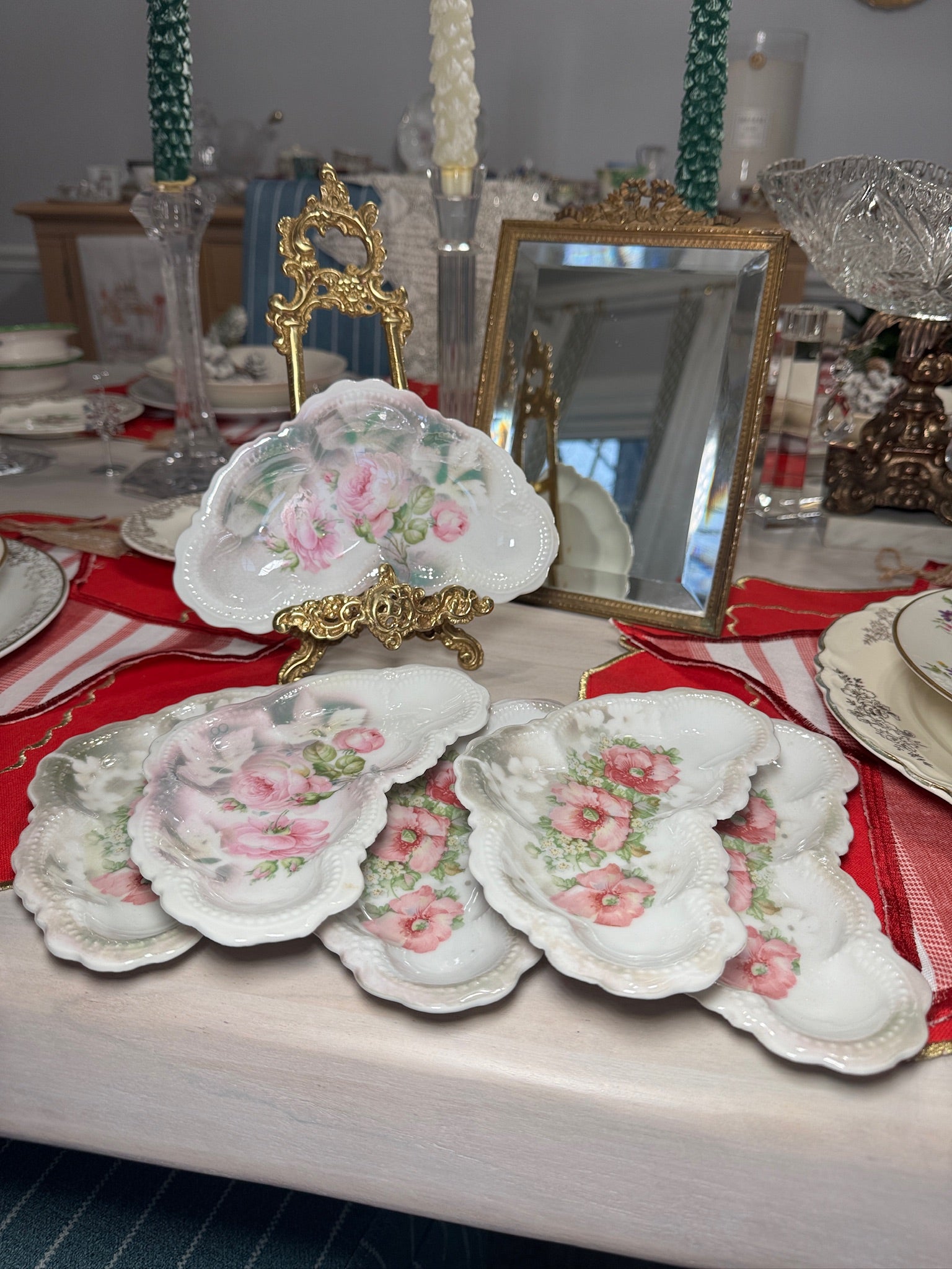 Set of Vintage Floral Porcelain Shell-Shaped Trinket / Vanity Dishes