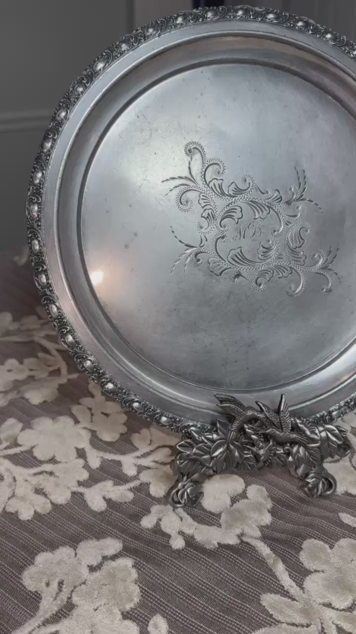 Vintage Silver-Tone Engraved Monogram Decorative Serving Tray